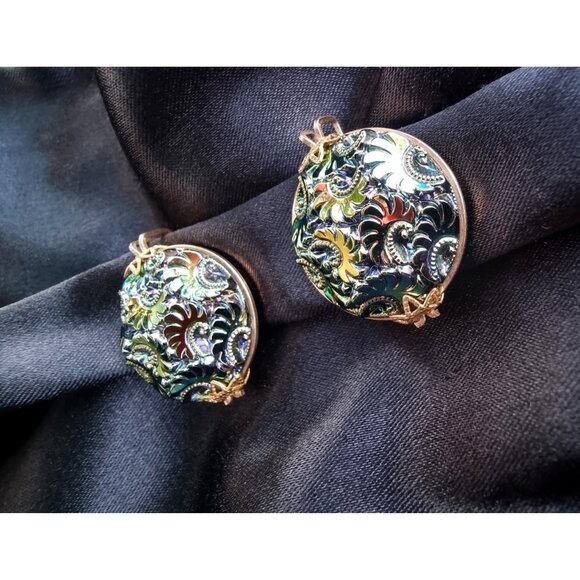 Vintage Northern Lights Carnival Glass Clip On Earrings - Picture 2 of 6